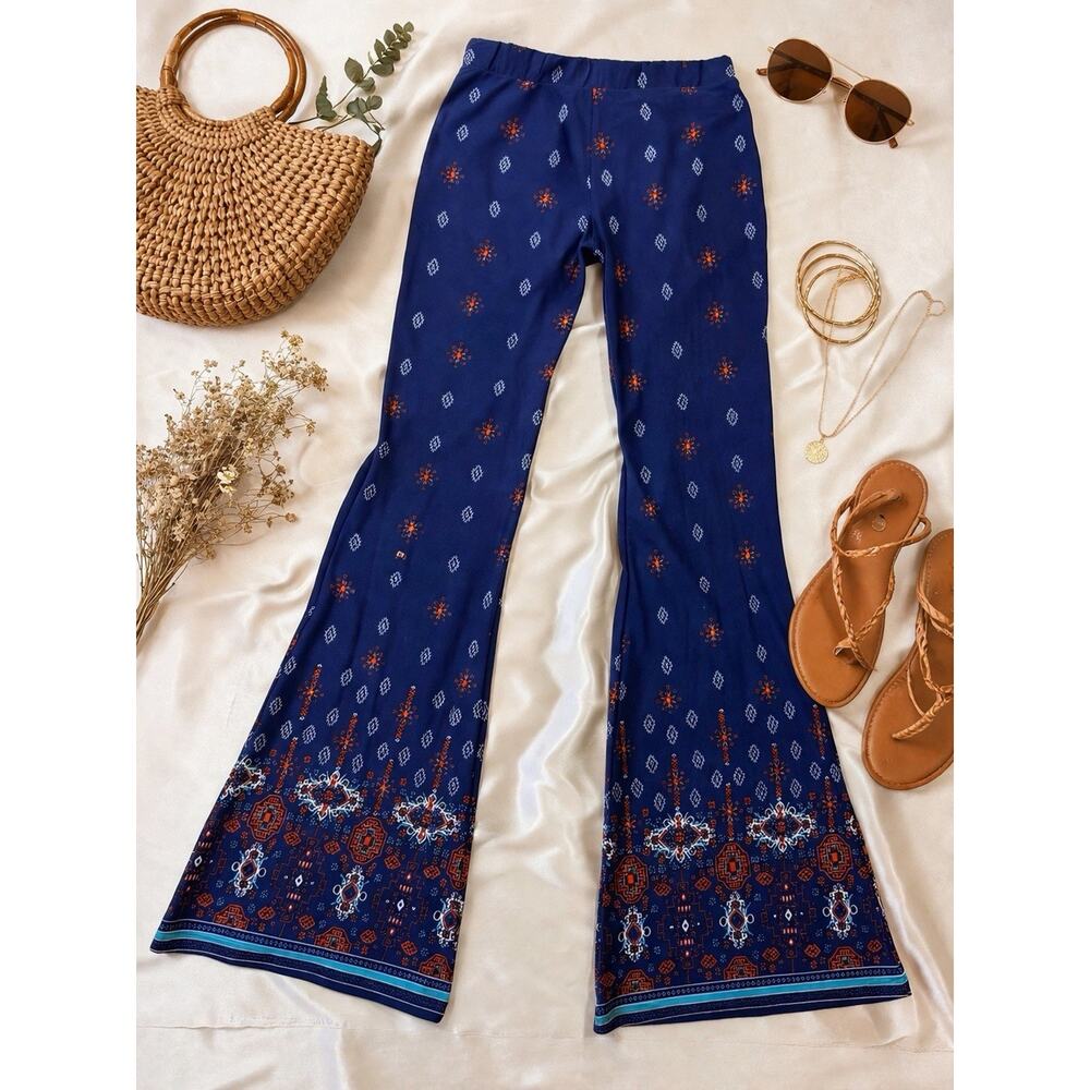 Boho Flare Pants Women Small Blue Tribal Print‎ High Waist Stretch Belt Hippie